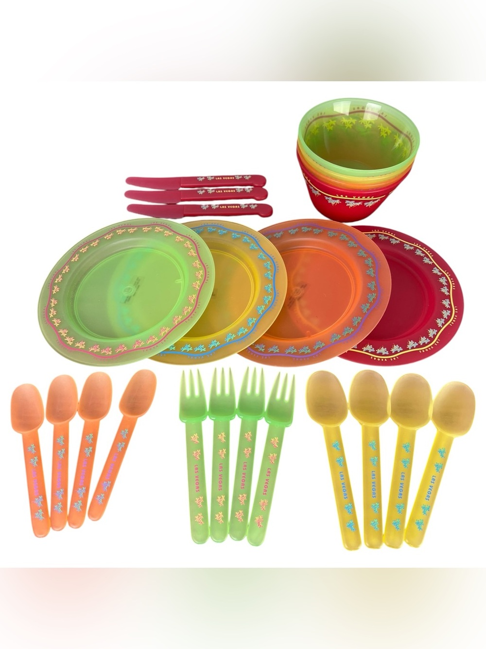 MRG Las Vegas Multi Colored Plastic Dishware Lot Of 23 Red,Green,Yellow,Orange